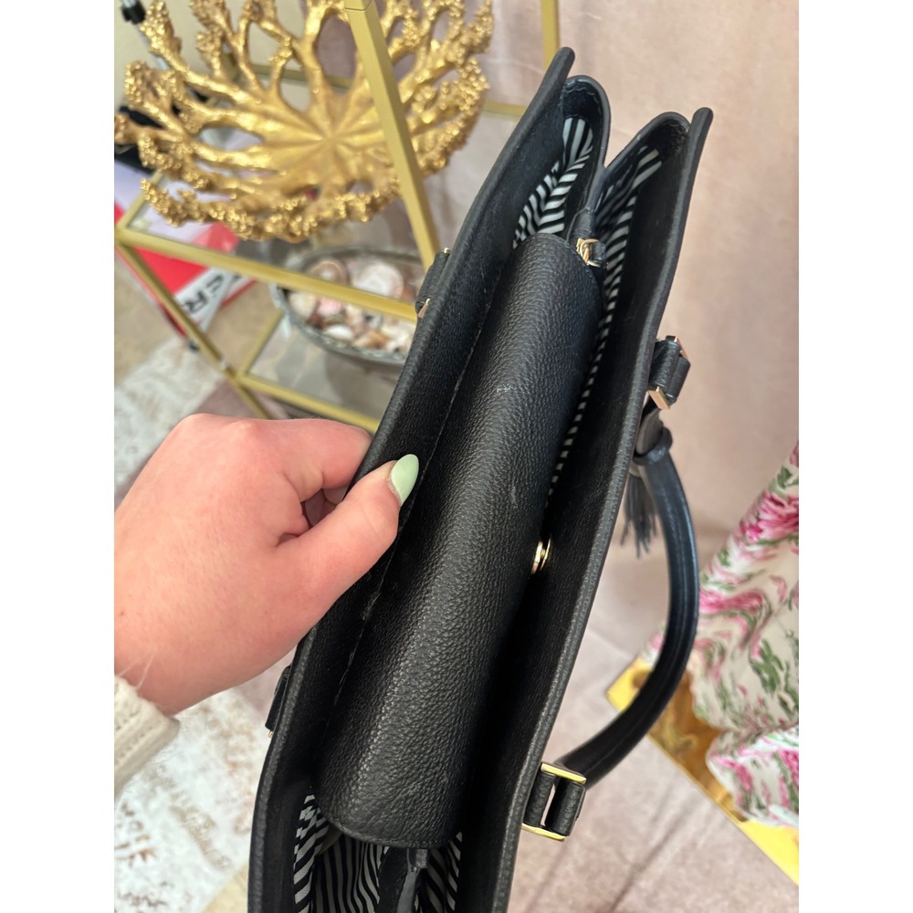 Kate Spade Black Pebbled Leather‎ Tassel Tote Bag Triple Compartment Satchel - Picture 5 of 7